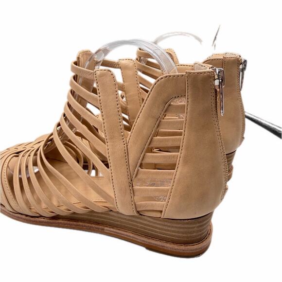 Vince Camuto Revey Beige Caged Gladiator Strappy Low Wedge Back Zip Sandals